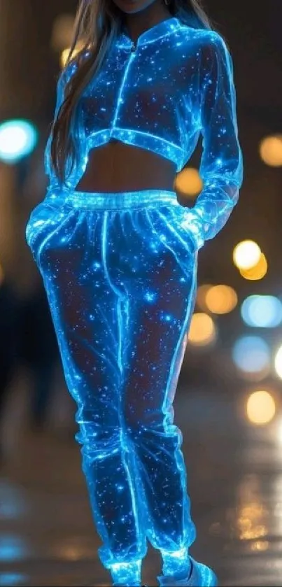 Person in glowing futuristic outfit with city lights.