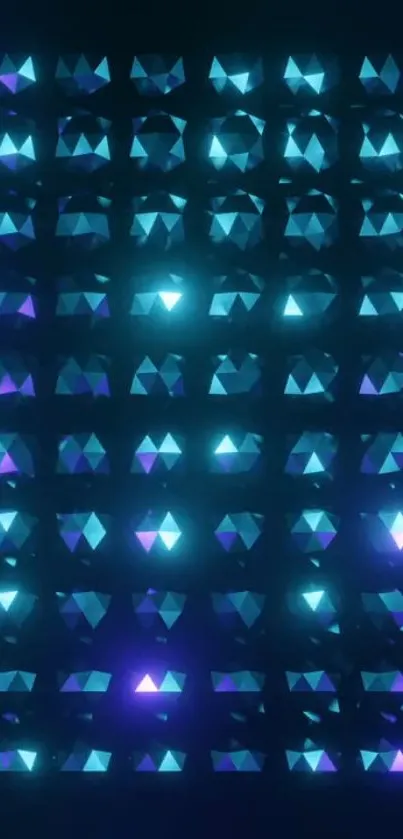 Neon blue geometric pattern with 3D shapes glowing in the dark.