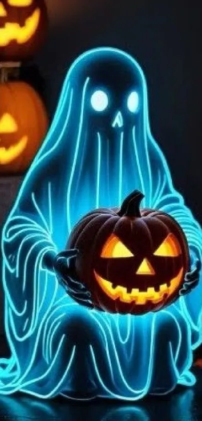 Glowing ghost holding a pumpkin.