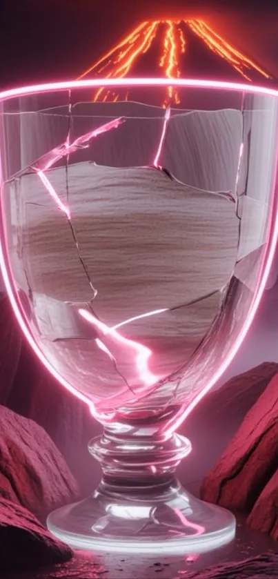 A cracked glass with neon glow against mountain peaks.