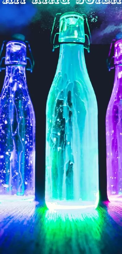 Vibrant wallpaper of glowing glass bottles in blue, green, and purple hues.