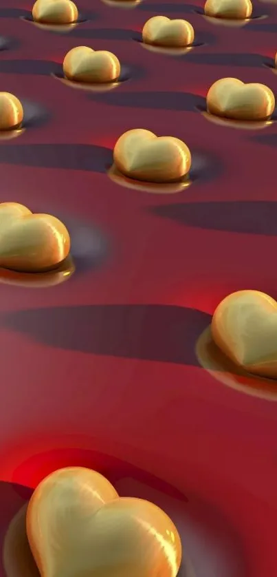 Glowing golden hearts on red background wallpaper.