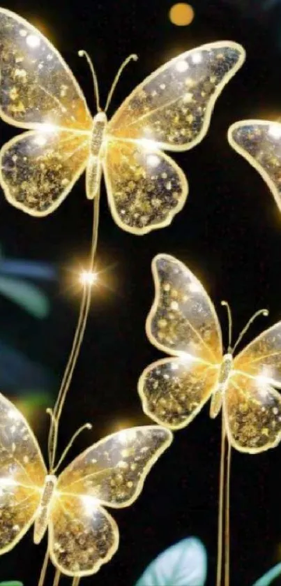 Glowing golden butterflies with a magical touch on a dark background.