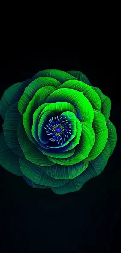 Glowing green abstract flower on dark background