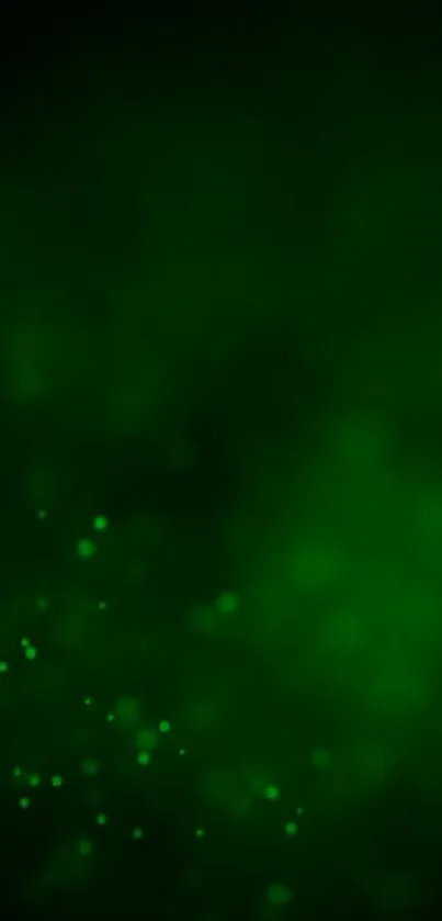 Glowing green abstract wallpaper with luminous particles on a dark background.