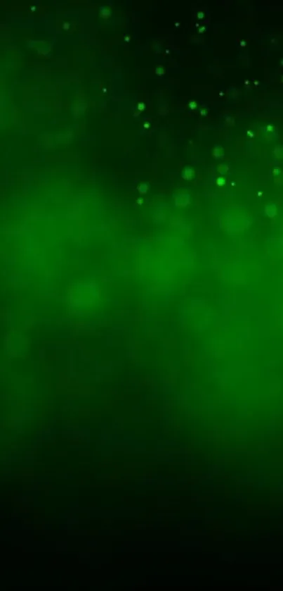 Abstract green glowing wallpaper with floating particles.