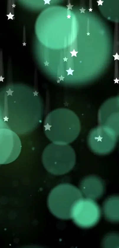 Glowing green bokeh circles with scattered stars wallpaper.