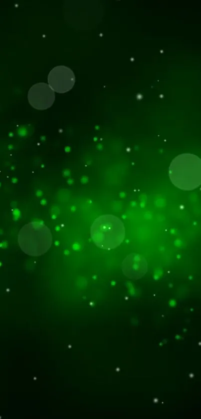 Glowing green bokeh wallpaper with floating particles.