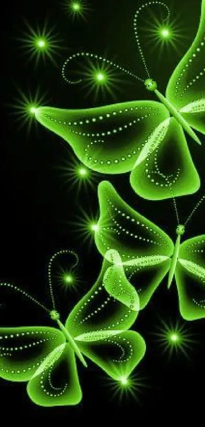 Vibrant glowing green butterflies on black background.