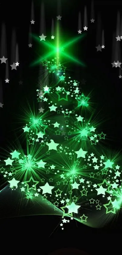 Glowing green Christmas tree with stars on black background.