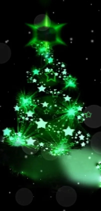 Glowing green Christmas tree with starry lights on dark background.