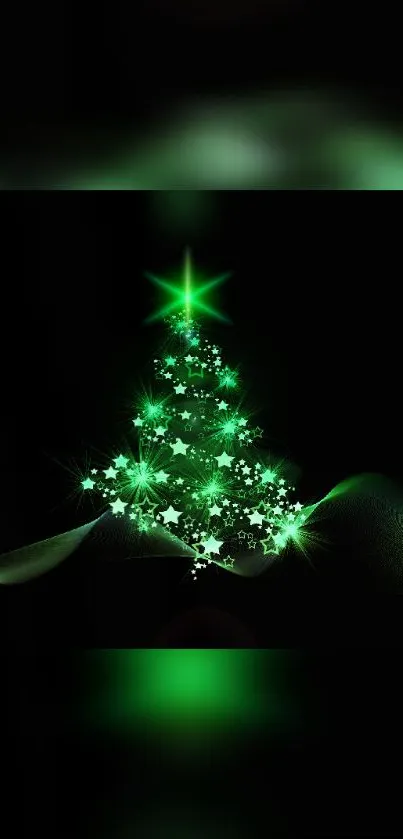 Glowing green Christmas tree on a dark background with starry accents.