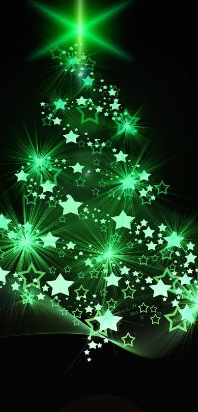 Glowing green Christmas tree on dark background.