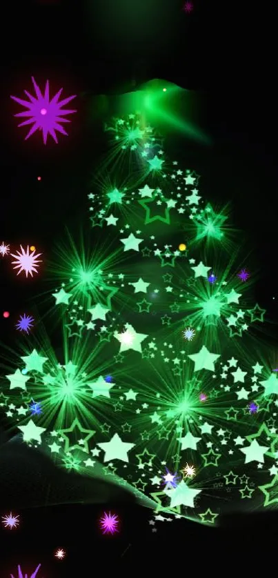 Glowing green Christmas tree with starry design on a dark background.