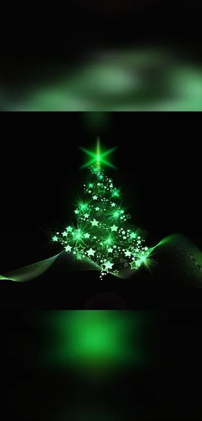 Glowing green Christmas tree with stars on black background.