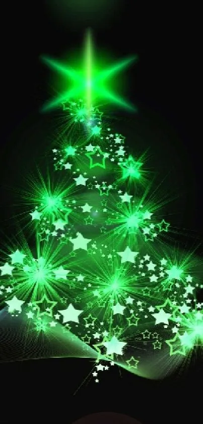 Glowing green Christmas tree wallpaper with stars and sleek curves.