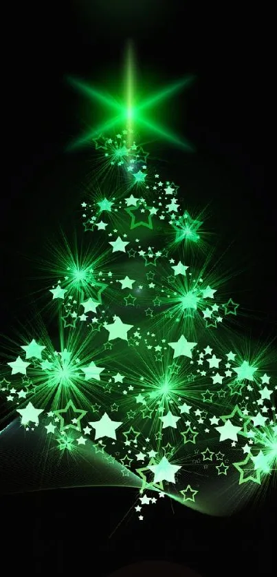 Sparkling green Christmas tree on black background with glowing stars.