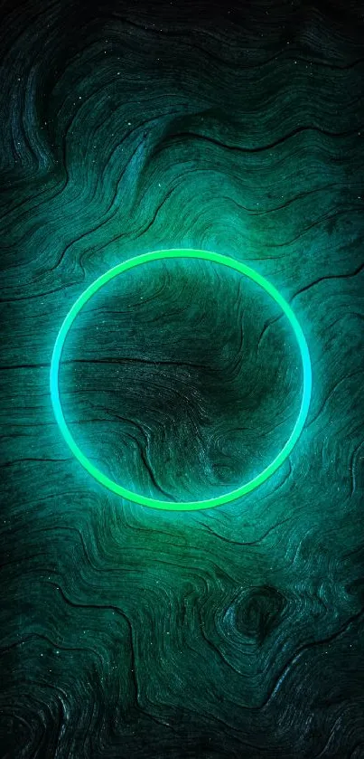 Teal green glowing circle on dark wood texture background.