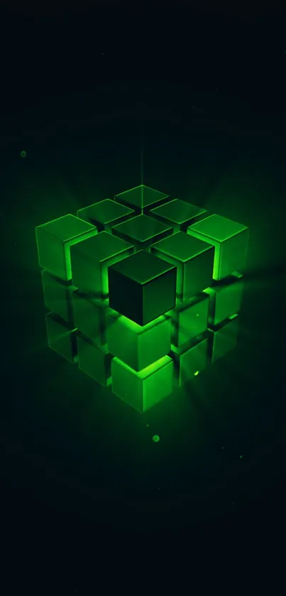 Mysterious glowing green cube on a dark background.