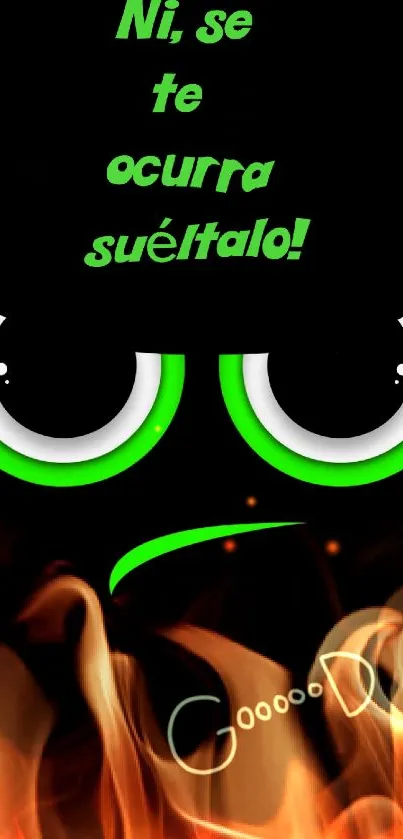 Dark background with glowing green emoji eyes expressing emotion.