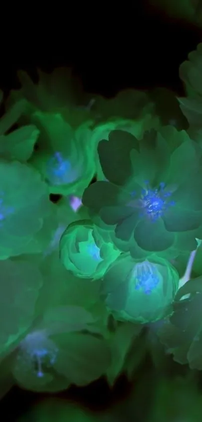 Glowing green floral wallpaper with blue accents.