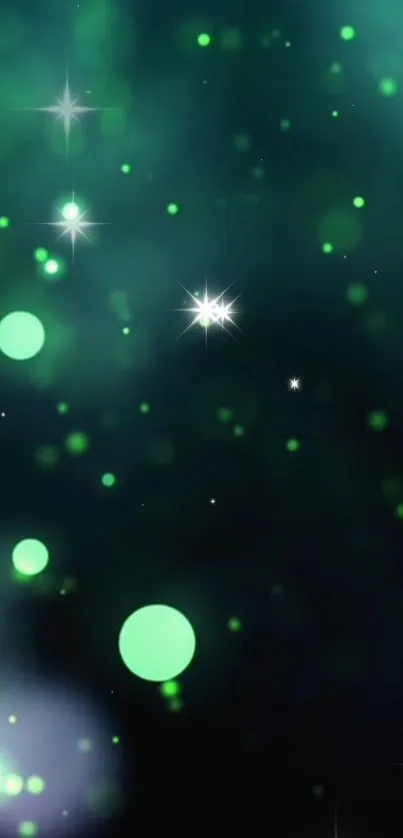 Glowing green starry wallpaper with luminous orbs and cosmic design.