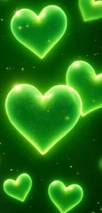 Vibrant glowing green hearts on dark background.