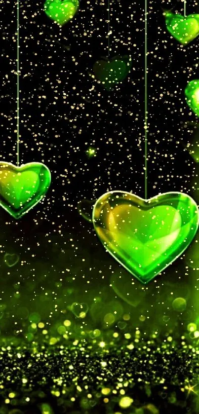 Glowing green hearts on a dark background.