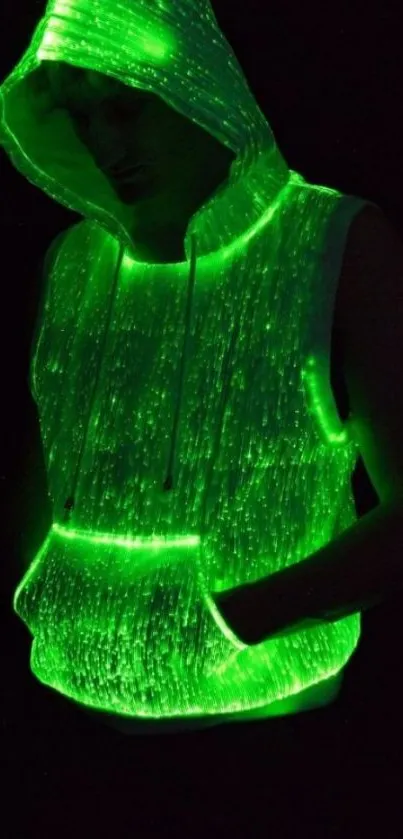 Glowing green hoodie in a dark background.