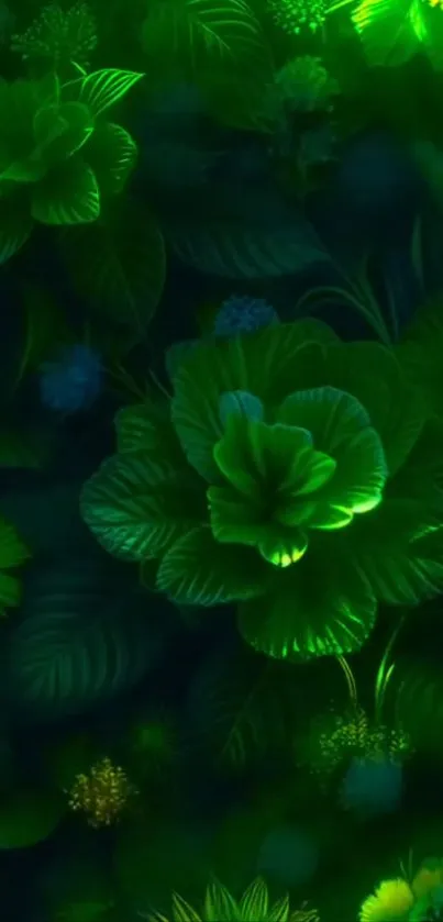 Glowing green leaves on a dark background wallpaper.