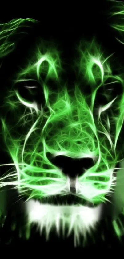 Glowing green neon lion on black background wallpaper.