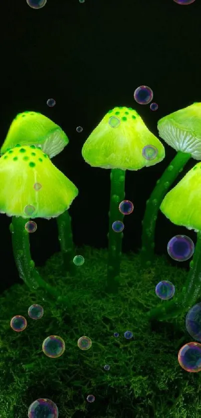 Neon green glowing mushrooms on moss background.