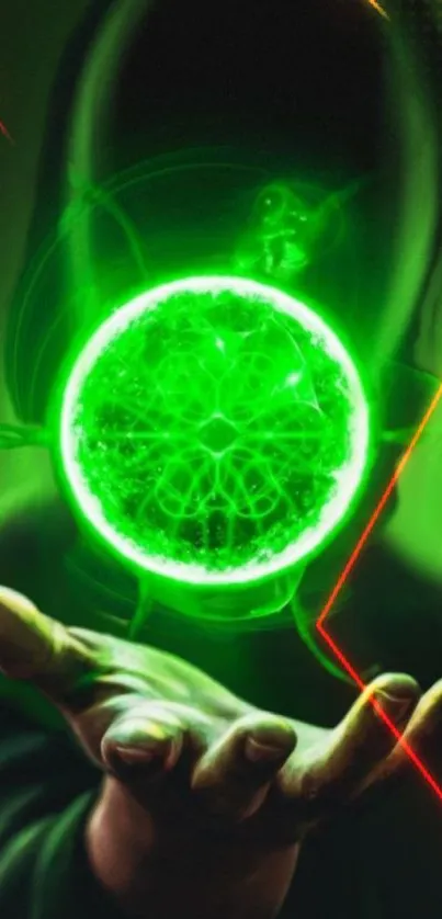 Futuristic wallpaper with glowing green orb and mysterious figure in neon effects.