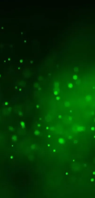 Dynamic glowing green particles on a dark background, perfect for mobile wallpaper.