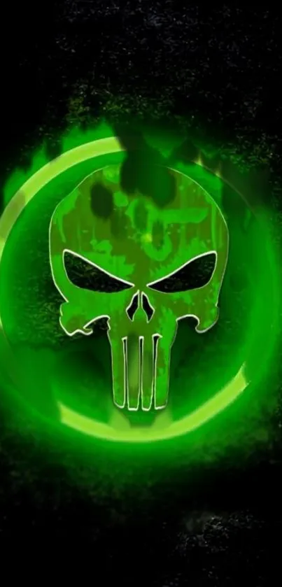 Green glowing skull emblem on a dark background wallpaper.