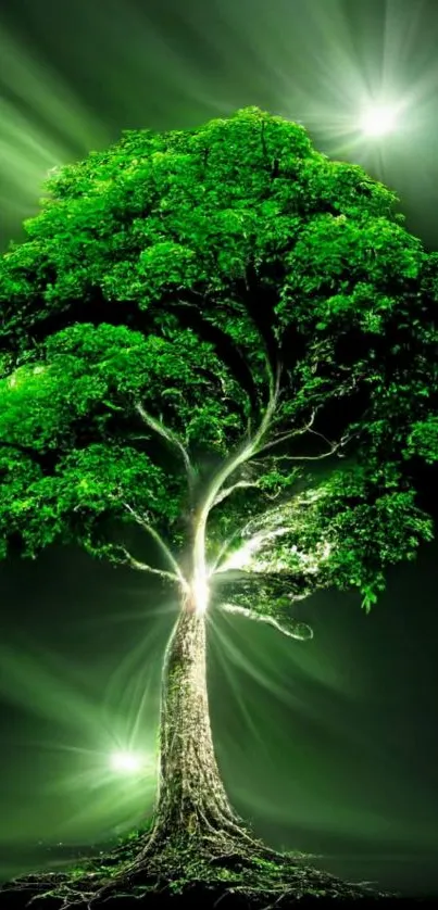 Illuminated green tree in dark serene setting.