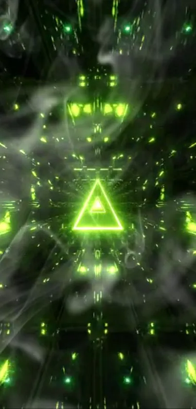 Neon green triangle in a glowing matrix, futuristic and vibrant design.