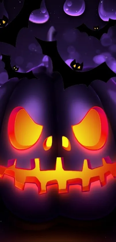Glowing Halloween pumpkin on purple starry background.