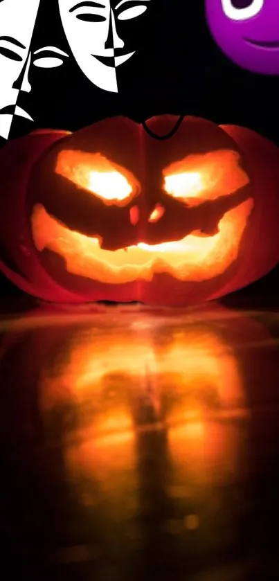 Glowing jack-o'-lantern with masks and dark background.