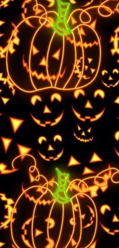 Glowing Halloween pumpkins with spooky faces on a black background.