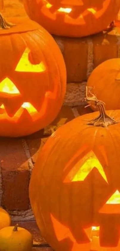 Glowing carved pumpkins on Halloween night.