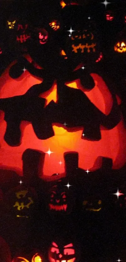 Glowing carved Halloween pumpkins creating spooky ambiance.