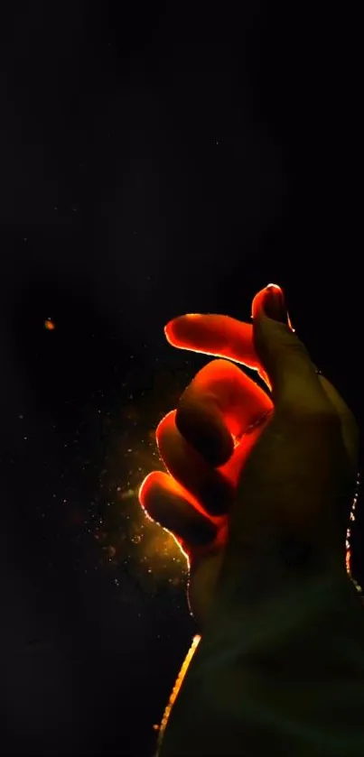 A hand glowing in a dark background, emitting mystical light.