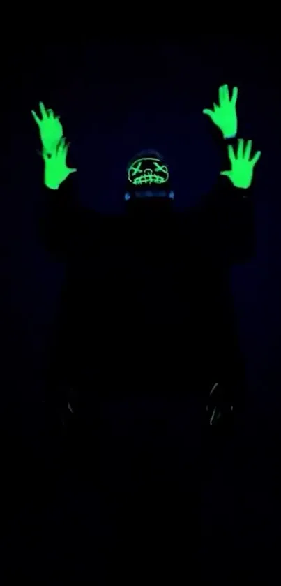 Neon green glowing hands against dark background.