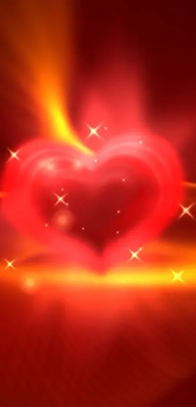 Glowing red heart with vibrant colors and sparkles on a mobile wallpaper.