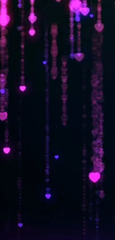 Abstract wallpaper with glowing purple hearts and lights.