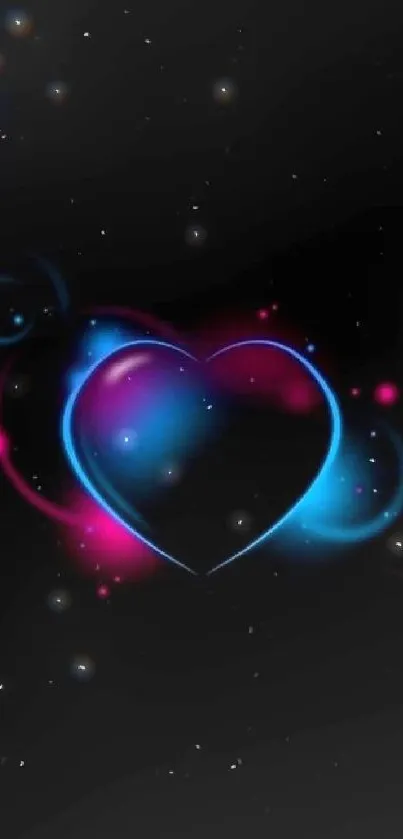 Vibrant neon glowing heart on dark background wallpaper.