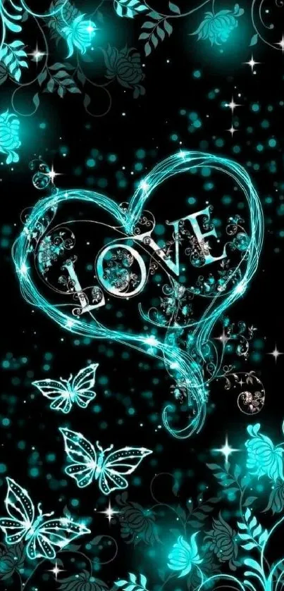 Turquoise heart and butterflies wallpaper.