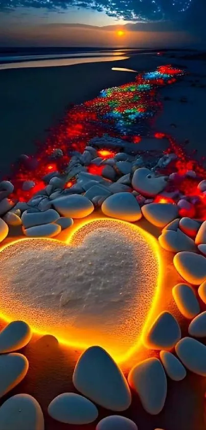 Glowing heart-shaped stones on a colorful moonlit beach scene.