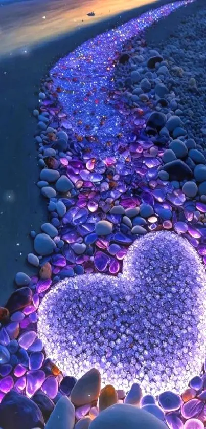 Glowing heart-shaped stones along a purple beach path at dusk.